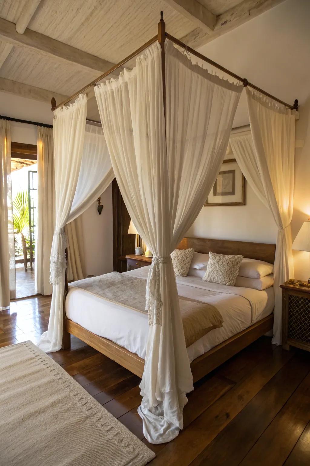 Bedroom featuring a canopy bed draped with light fabric for a dreamy feel.