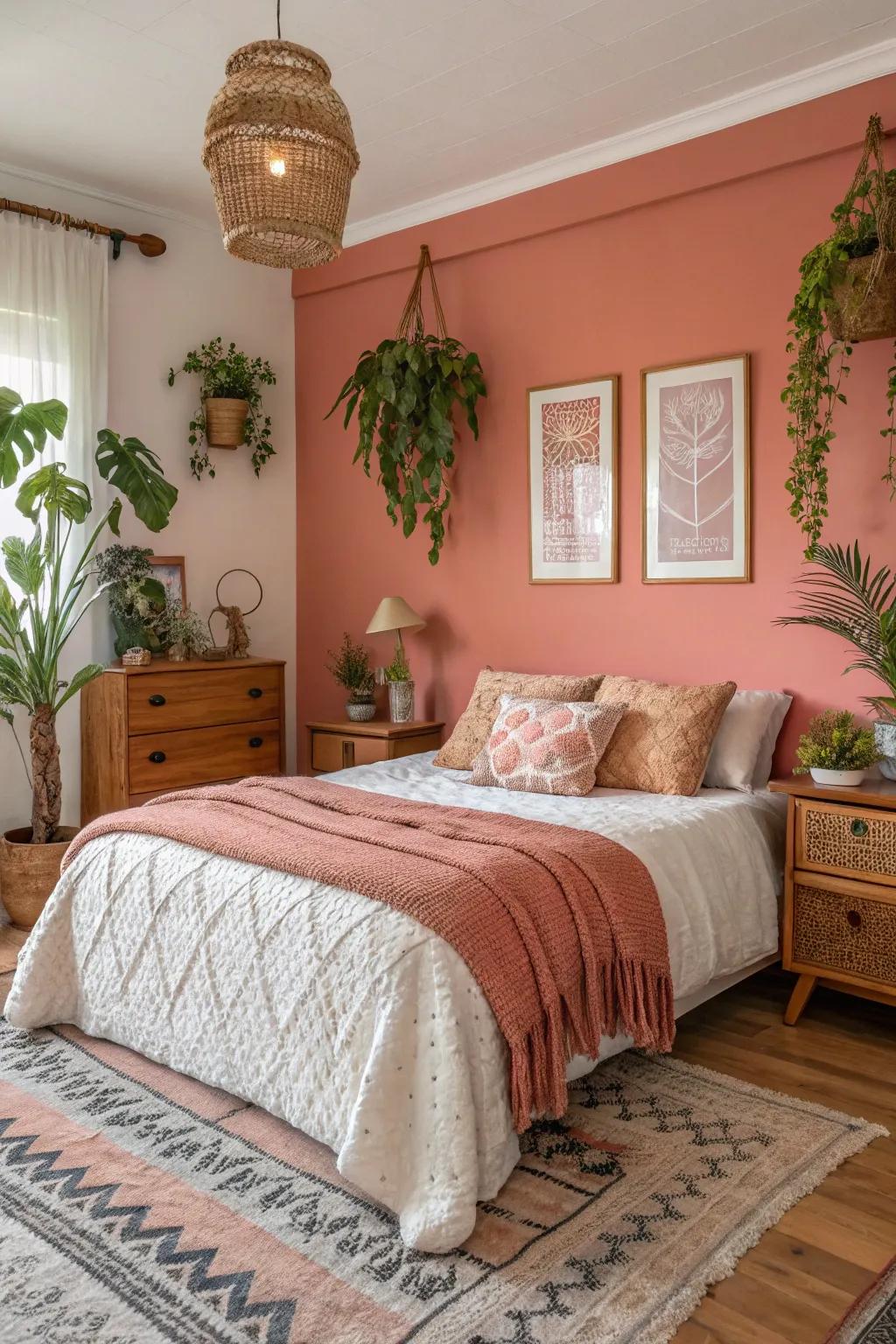 Mellow coral walls give gentle comfort and harmony.