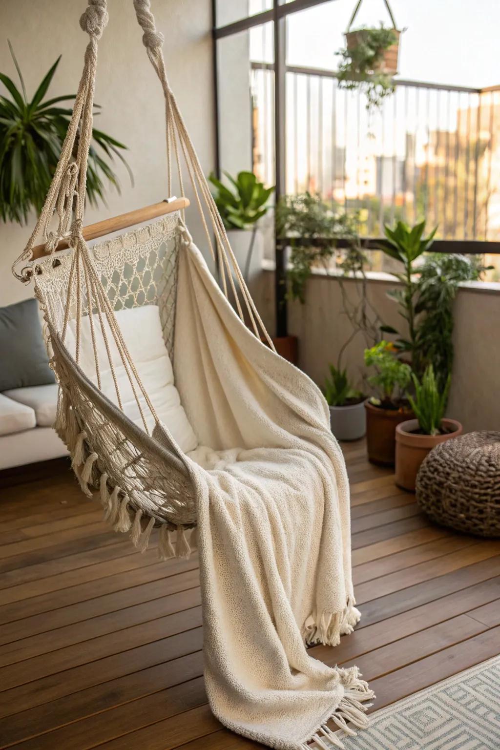 Indulge in gentle relaxation with a swinging seat in your peaceful nook.