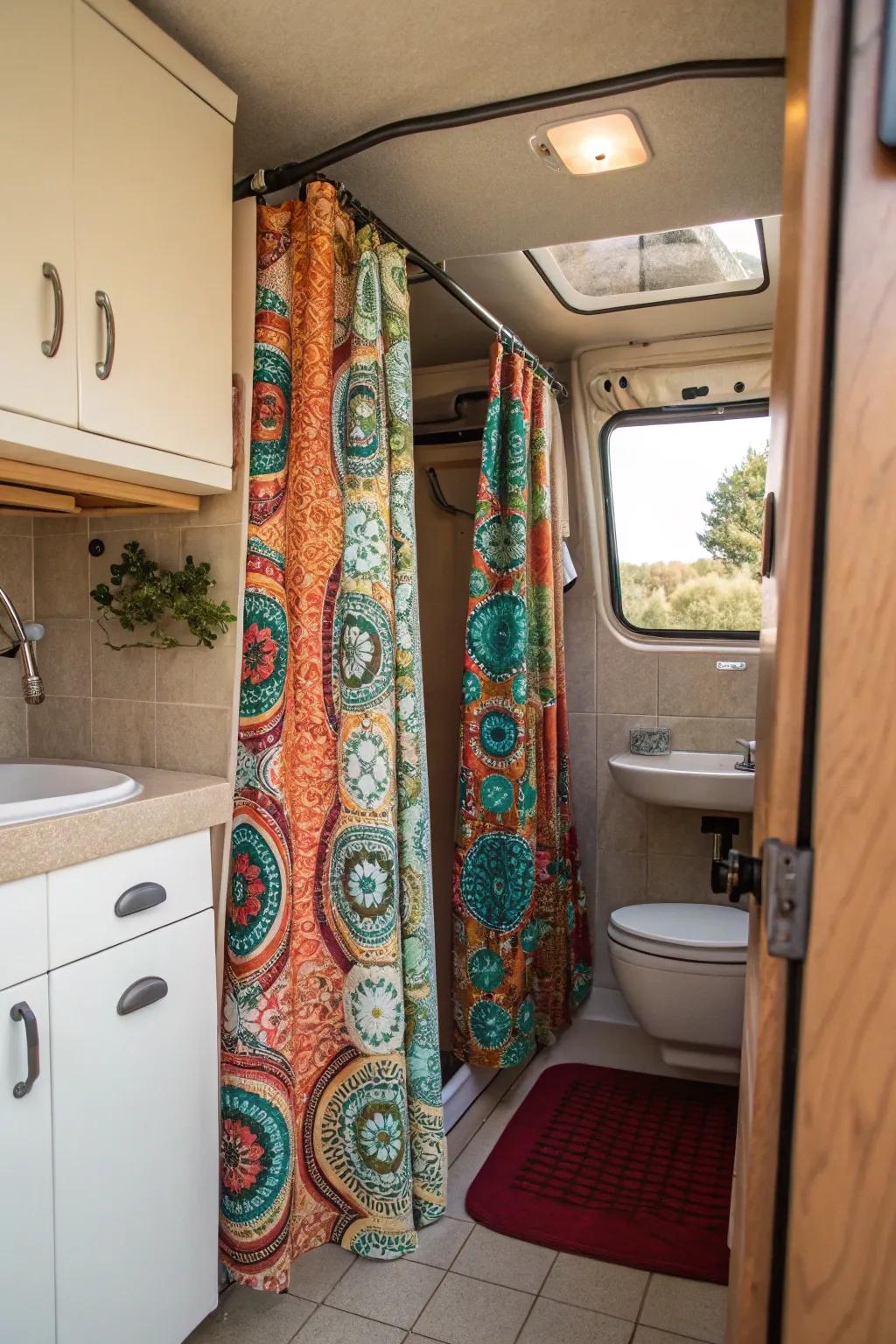 A colorful and patterned shower drape in a mobile home washroom.