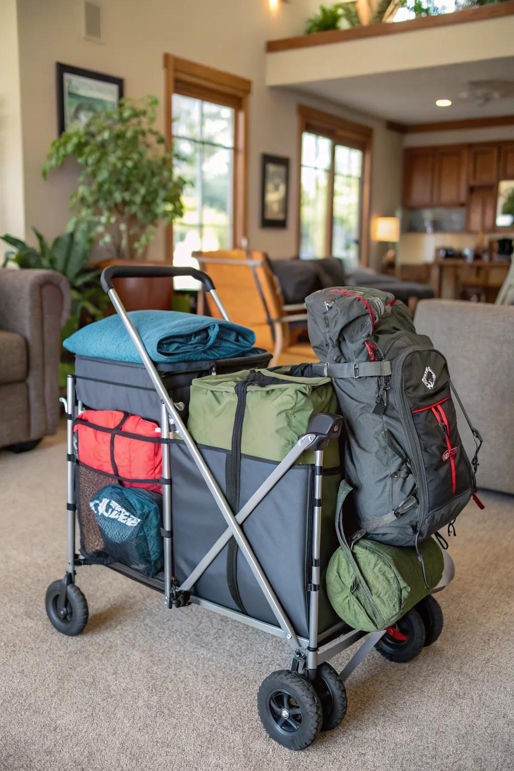 A moving cart system offers flexible and mobile storage for camping gear.
