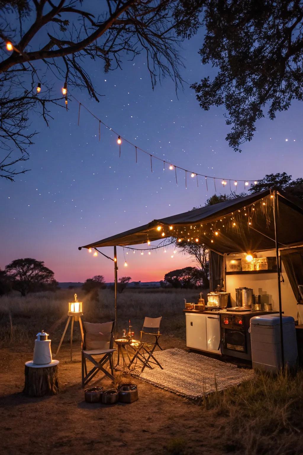Create a warm ambiance with solar lanterns and fairy lights.