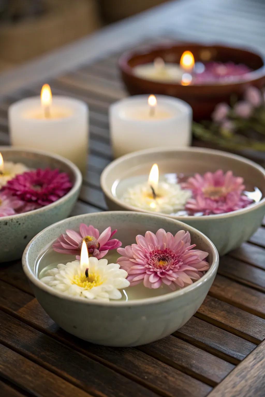 Lights and flowers floating gracefully in small bowls, casting a gentle glow.