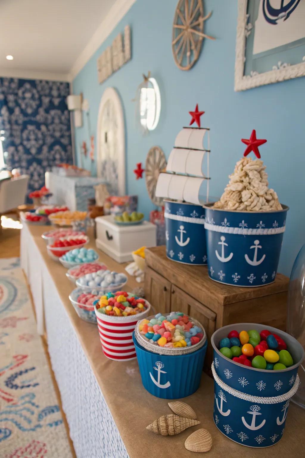 Nautical pails enhancing the theme of the candy station