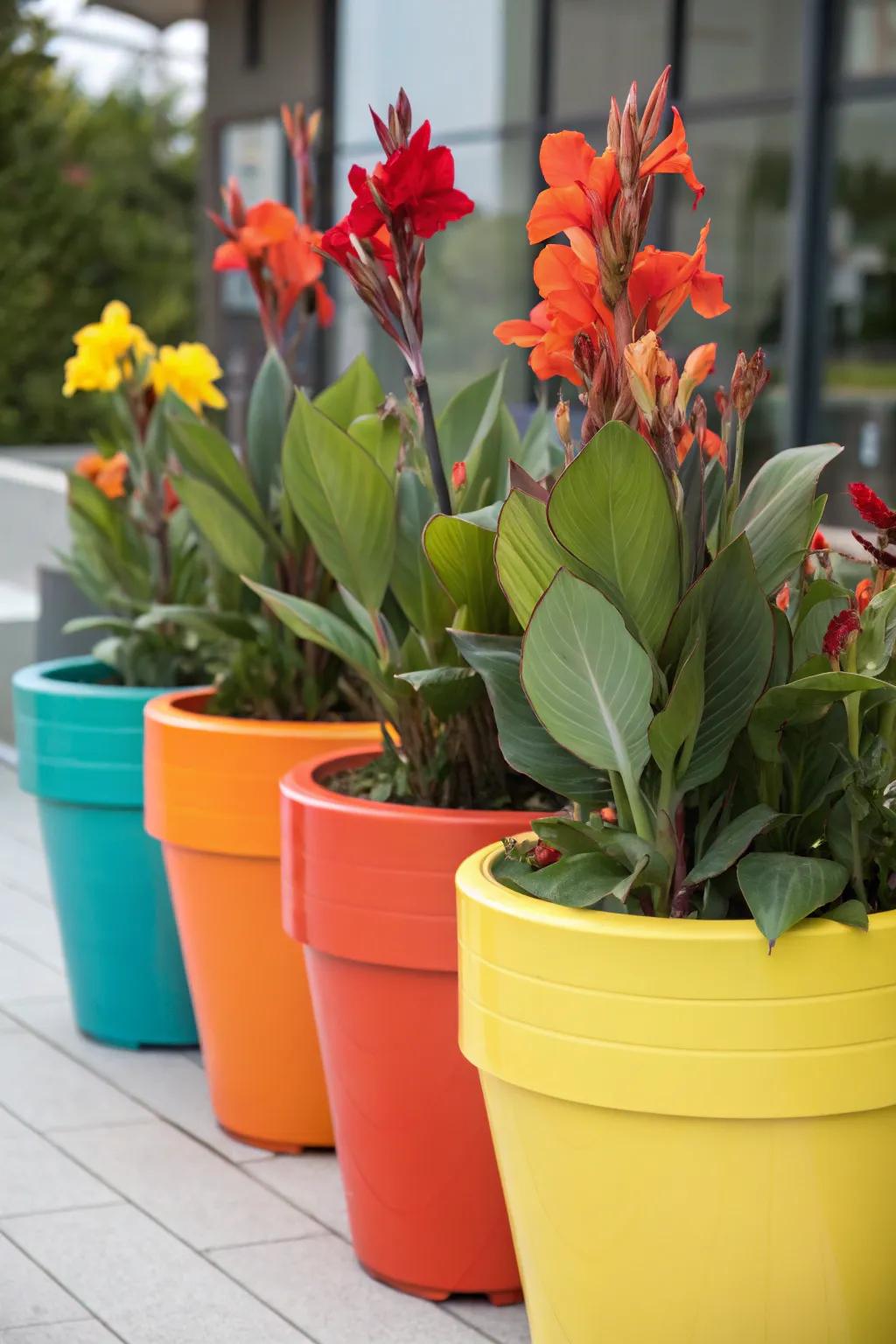 Ginger blossoms set against a playful array of color-blocked pots.