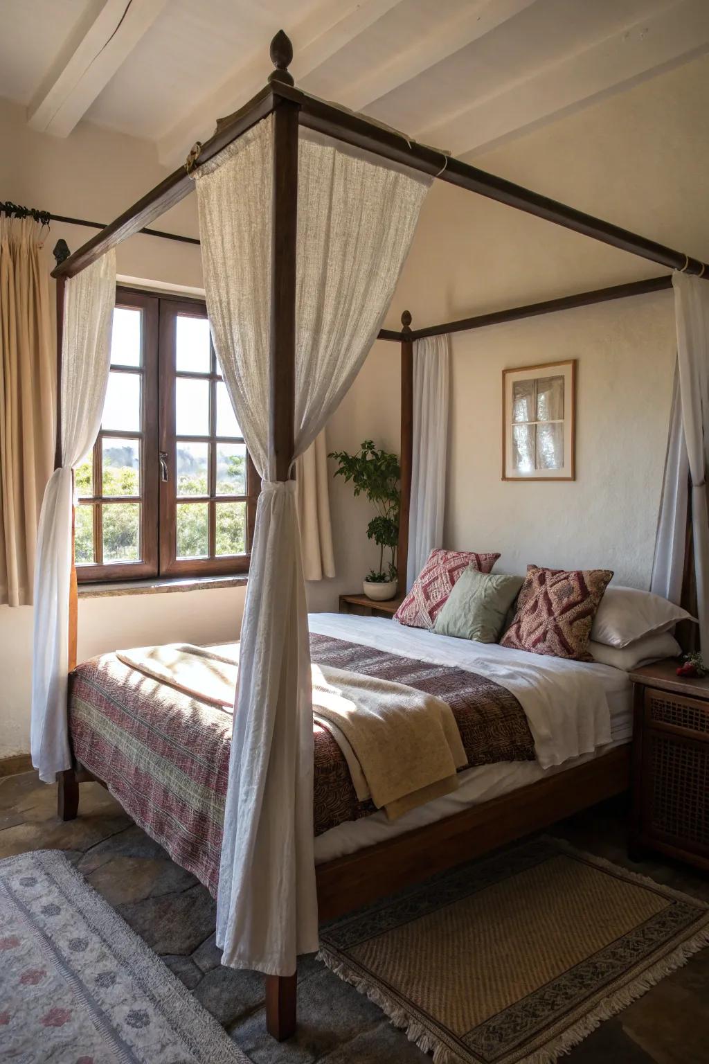 Positioning a four-poster bed with a window view enhances space.
