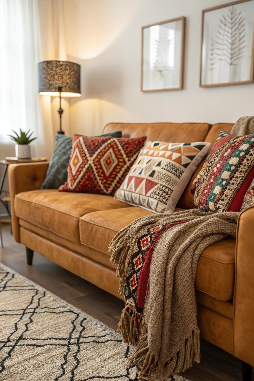Bold designs add dynamic interest to a butterscotch sofa room.