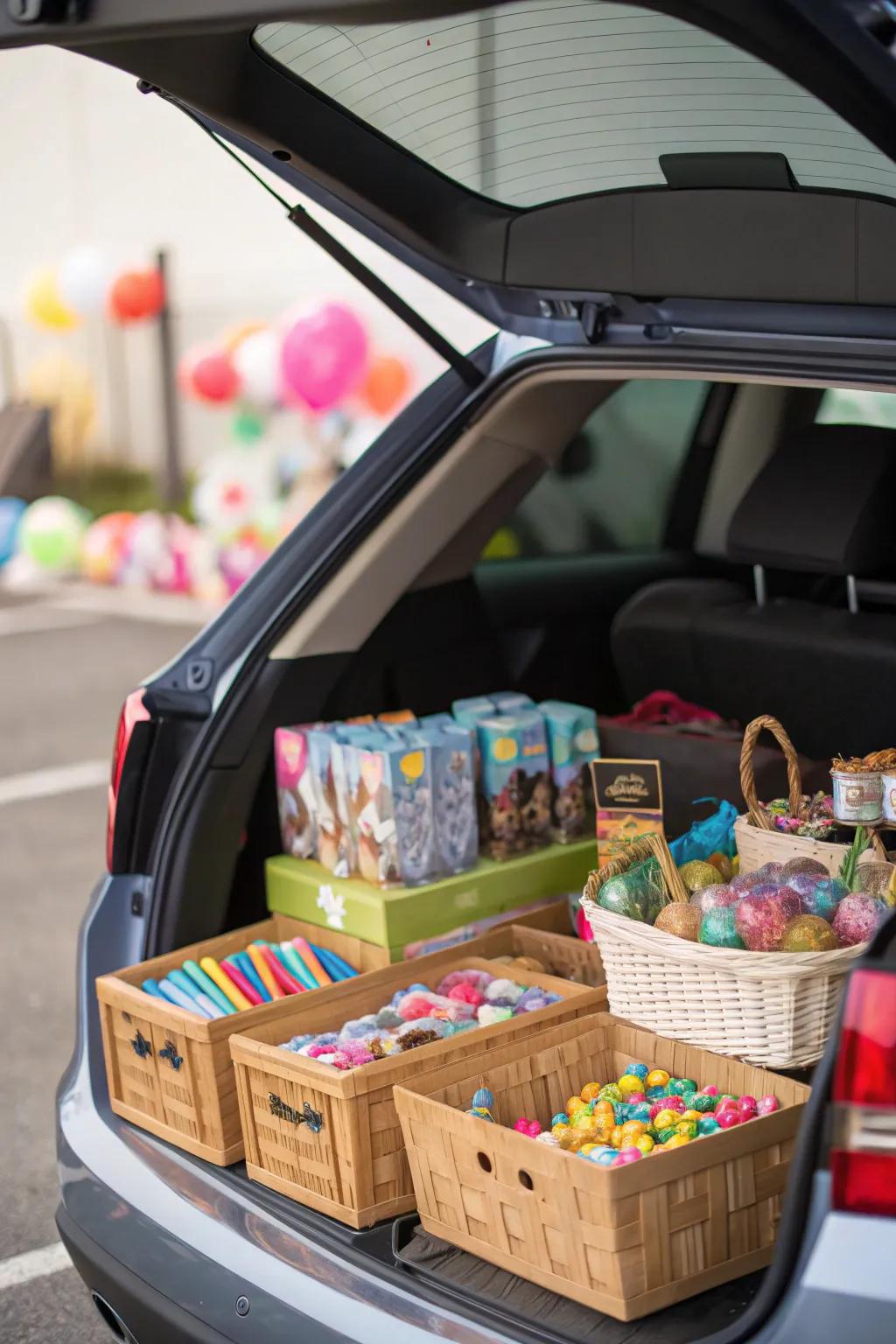 A prize booth trunk, encouraging attendees to win small toys and treats.