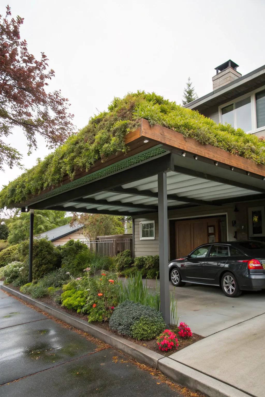 A carport that doubles as a green retreat.