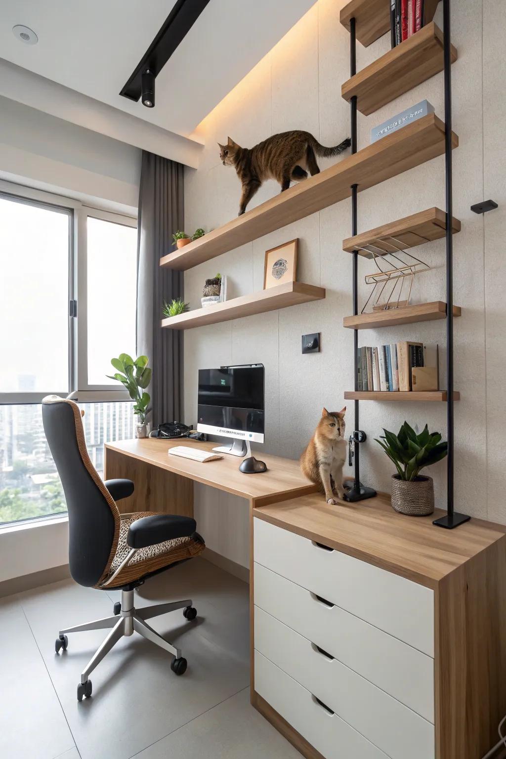 Floating shelves offer vertical adventure without taking up floor space.