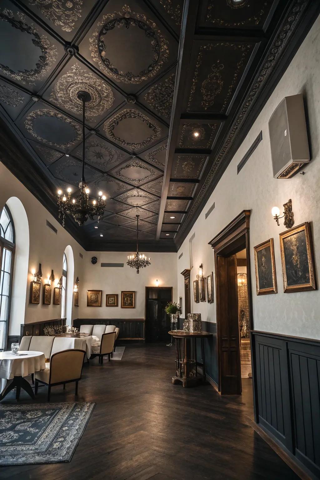 A setting styled with a darkened ceiling that incorporates an intimate and theatrical sensation.