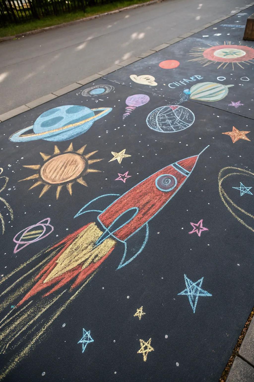 An exhilarating space-themed crayon adventure showing rockets and stars.