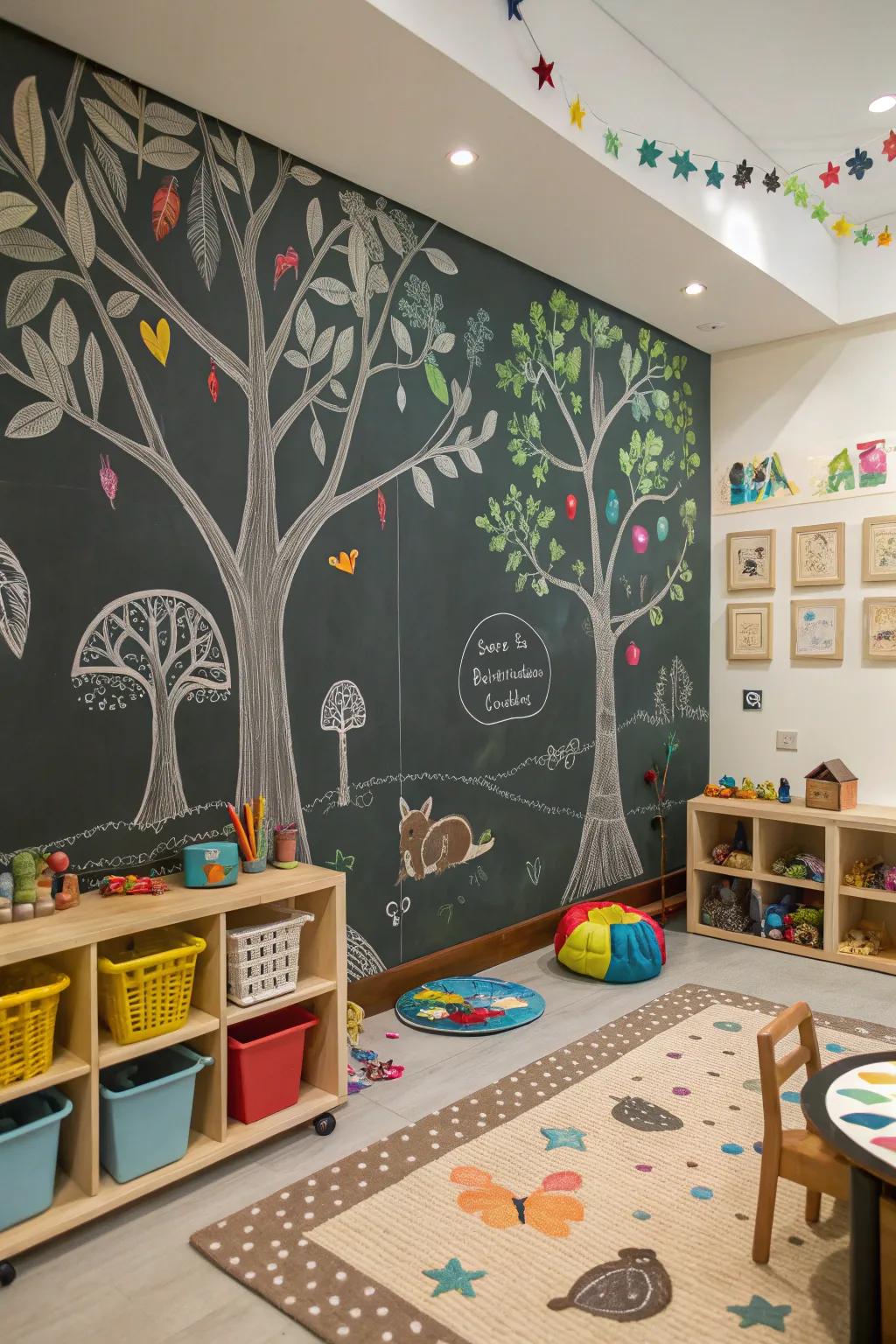 A nature-themed chalkboard wall adds serenity.