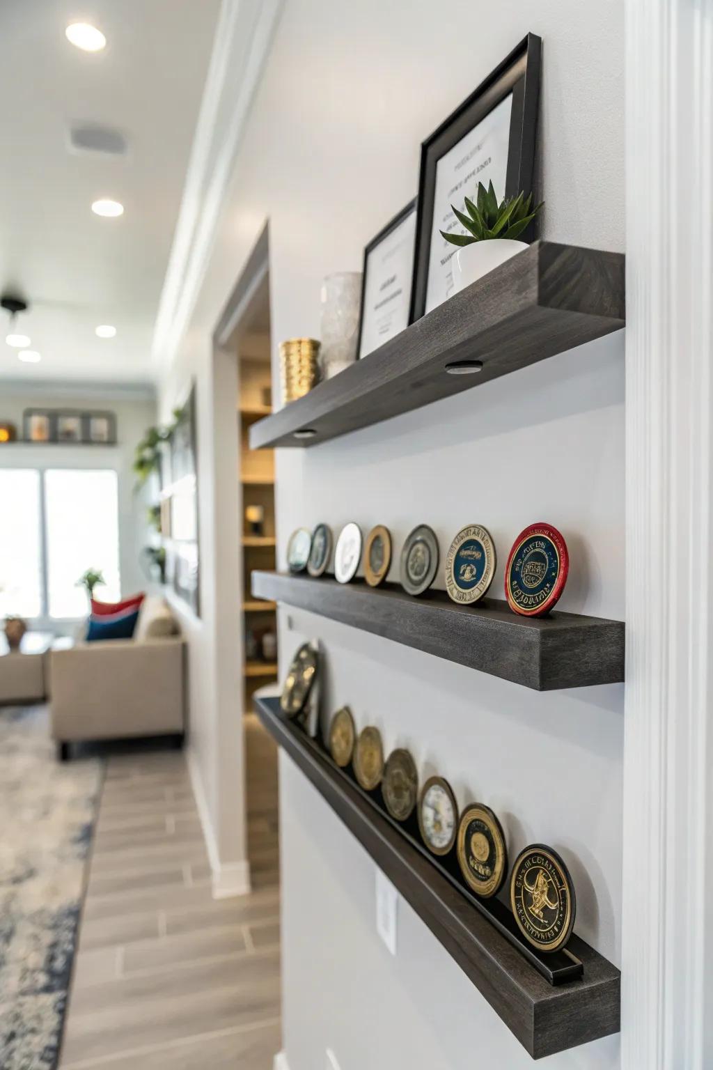 Suspended ledges furnish a streamlined and contemporary showcase choice.