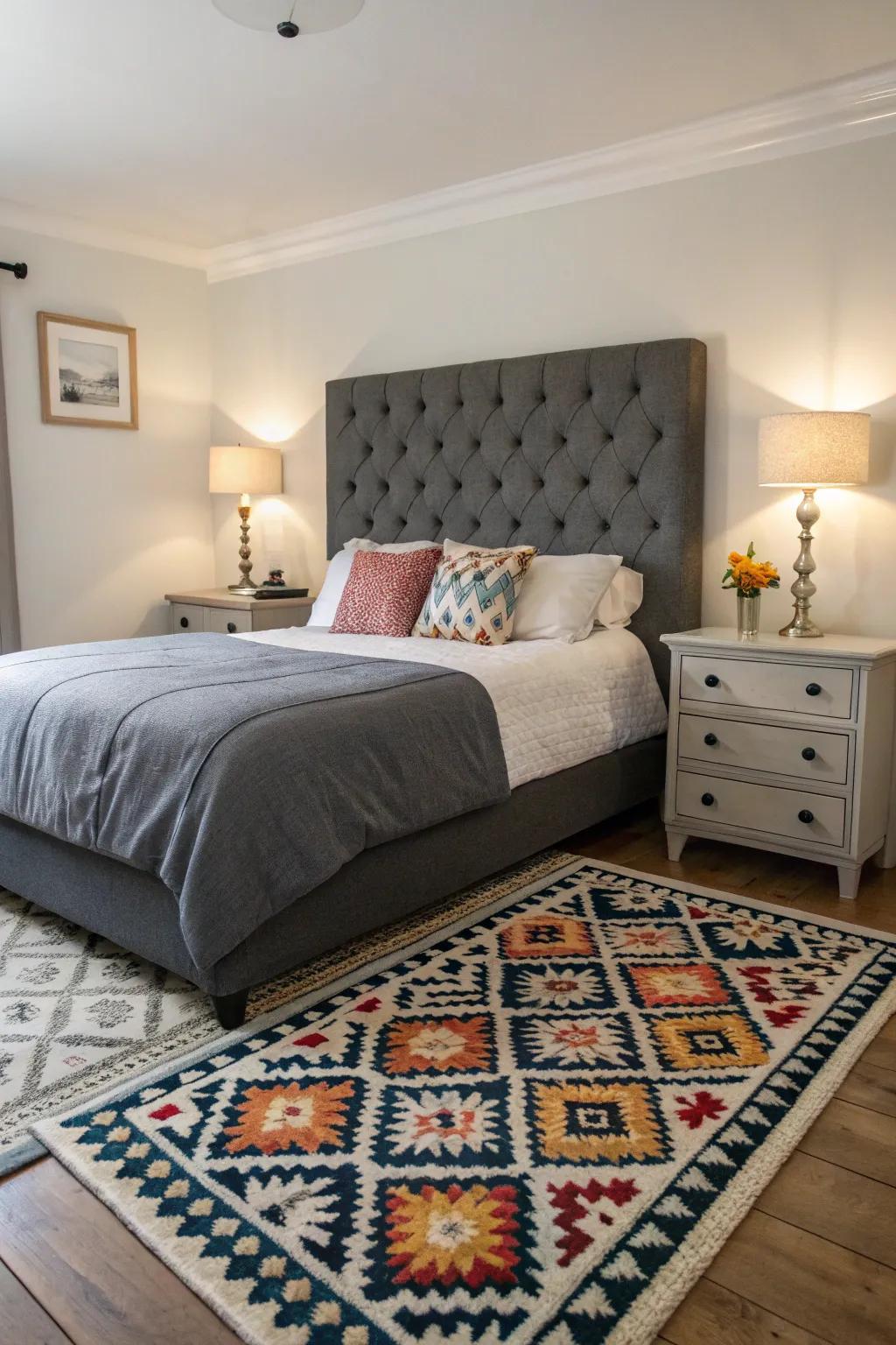 Geometric motifs present modern flair to a grey-themed bedroom.