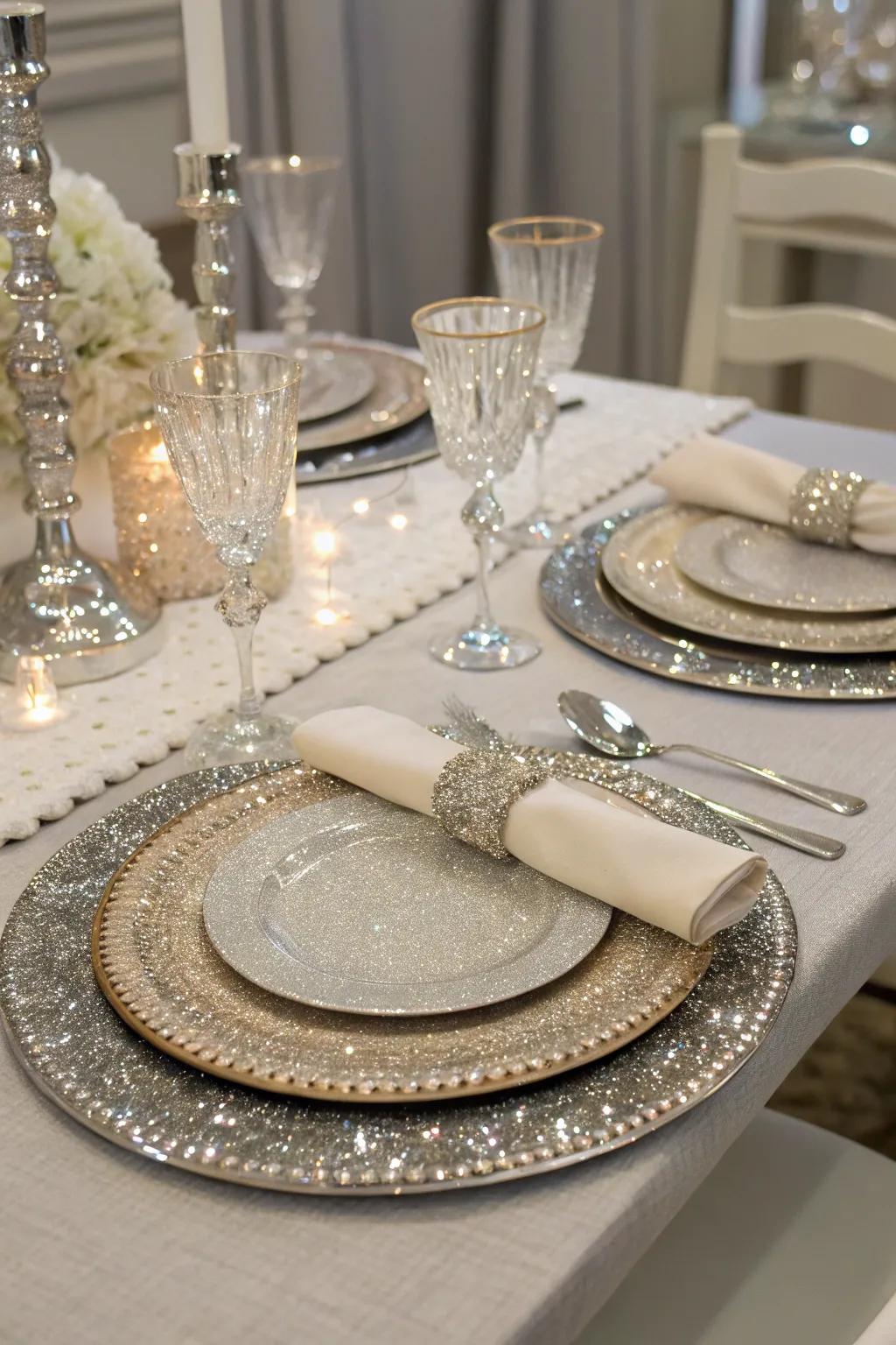 For a festive and dazzling table setting, use opulent charger plates.