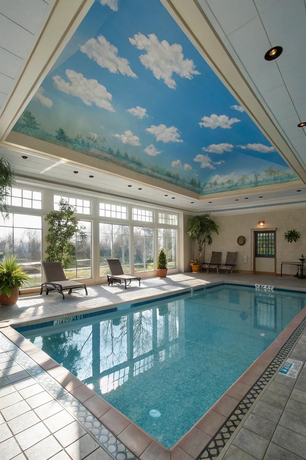 Your pool area will have a whimsical touch thanks to a ceiling mural.