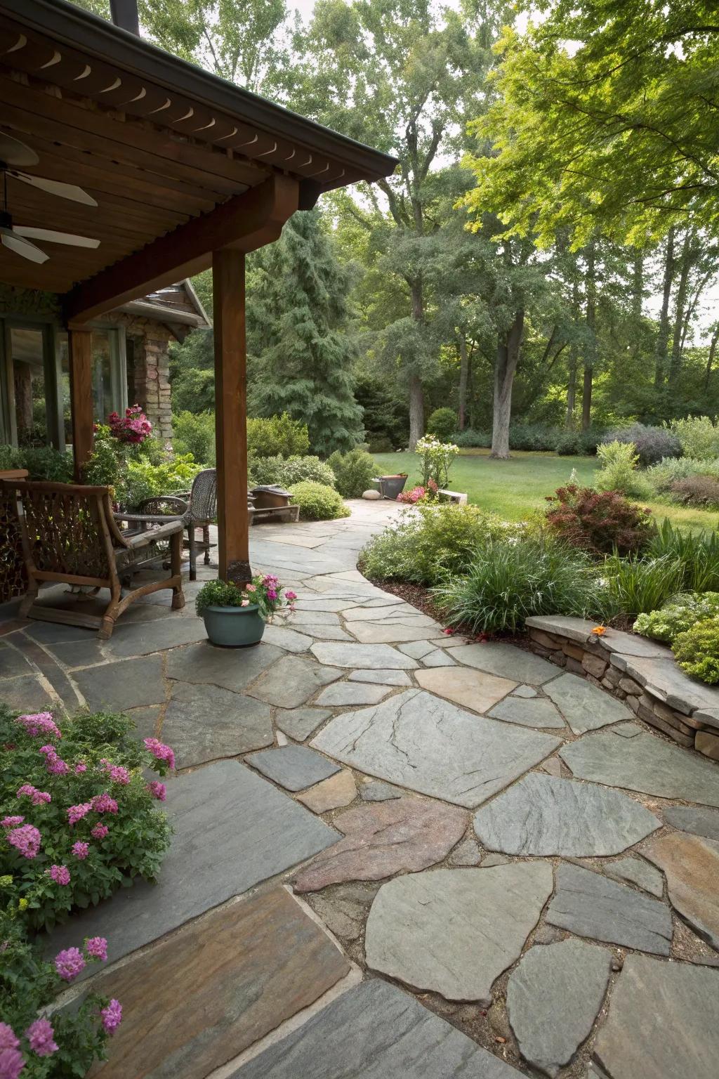 Flagstone flooring elevating the patio’s organic appeal.