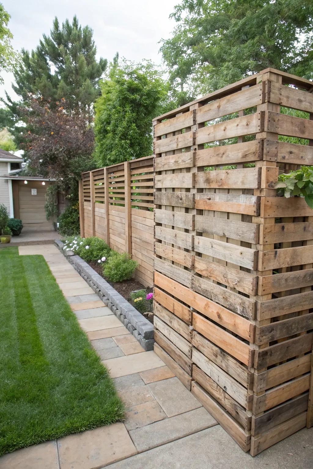 Wooden pallets offer a creative and sustainable privacy solution.
