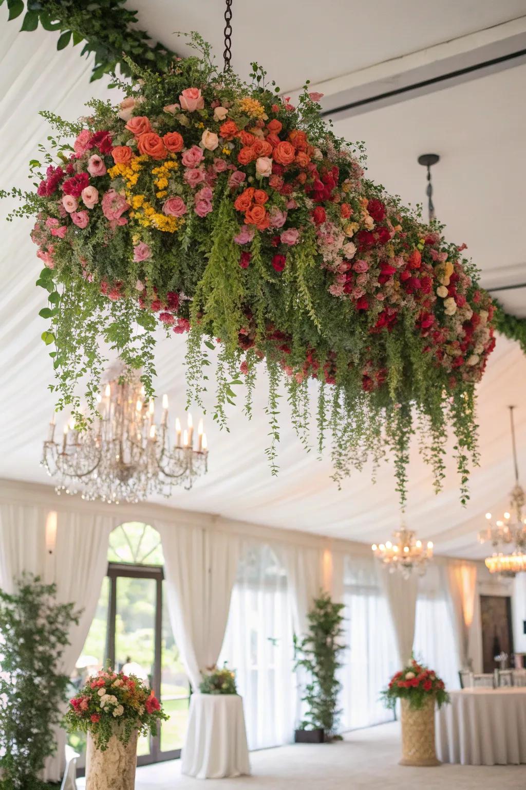 Dramatic and economical suspended floral installation at a wedding.