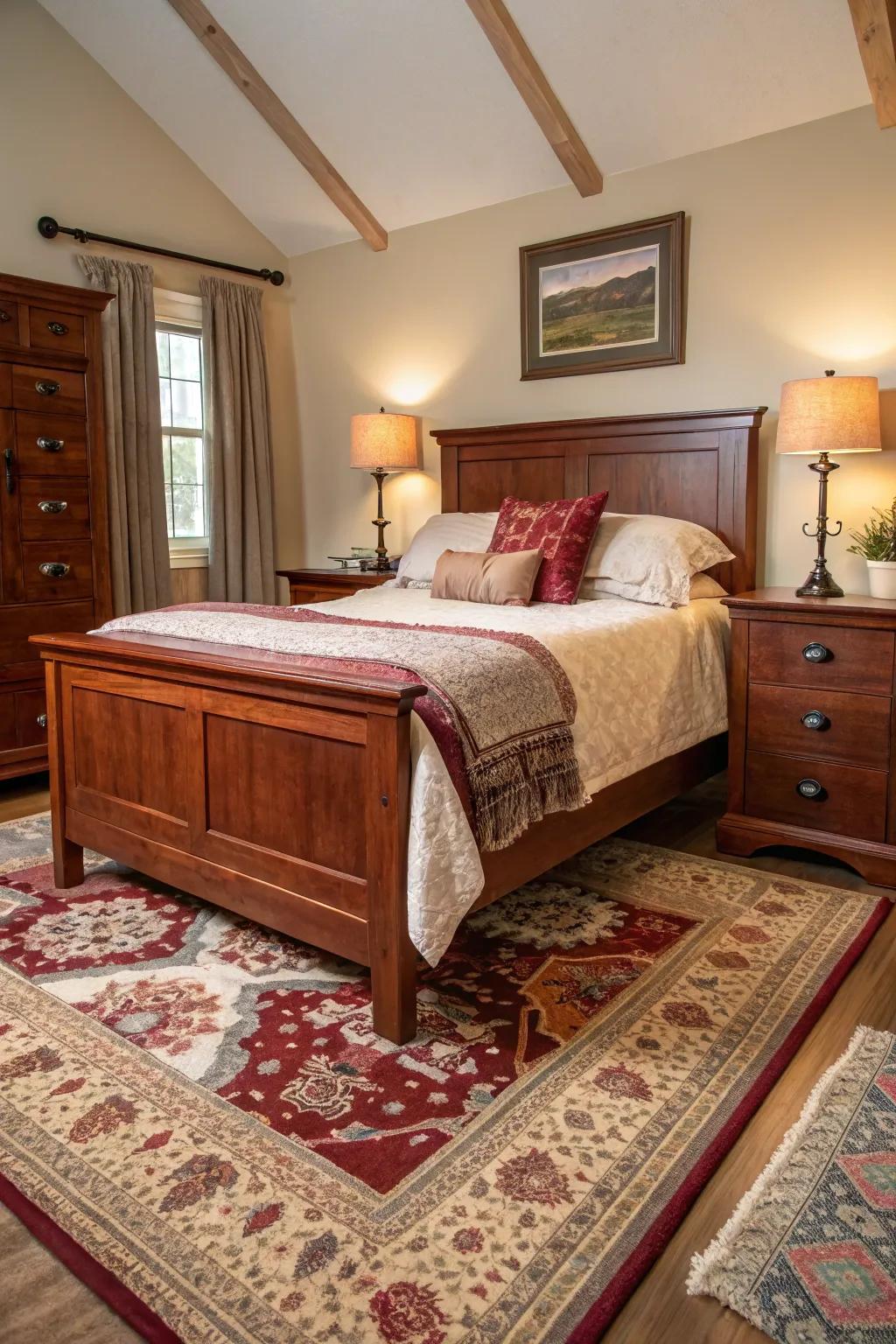 Stratified floor coverings contributing texture and warmth to a maple wood bedroom.