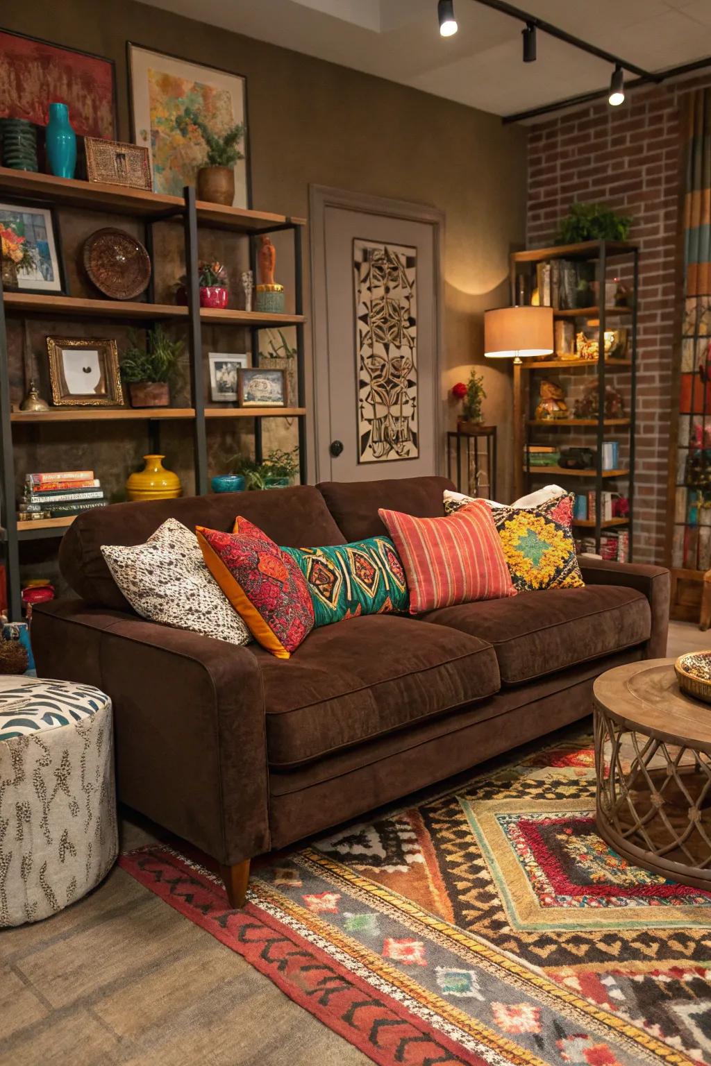 Eclectic maximalism infuses personality and vibrancy into a cocoa sofa setting.