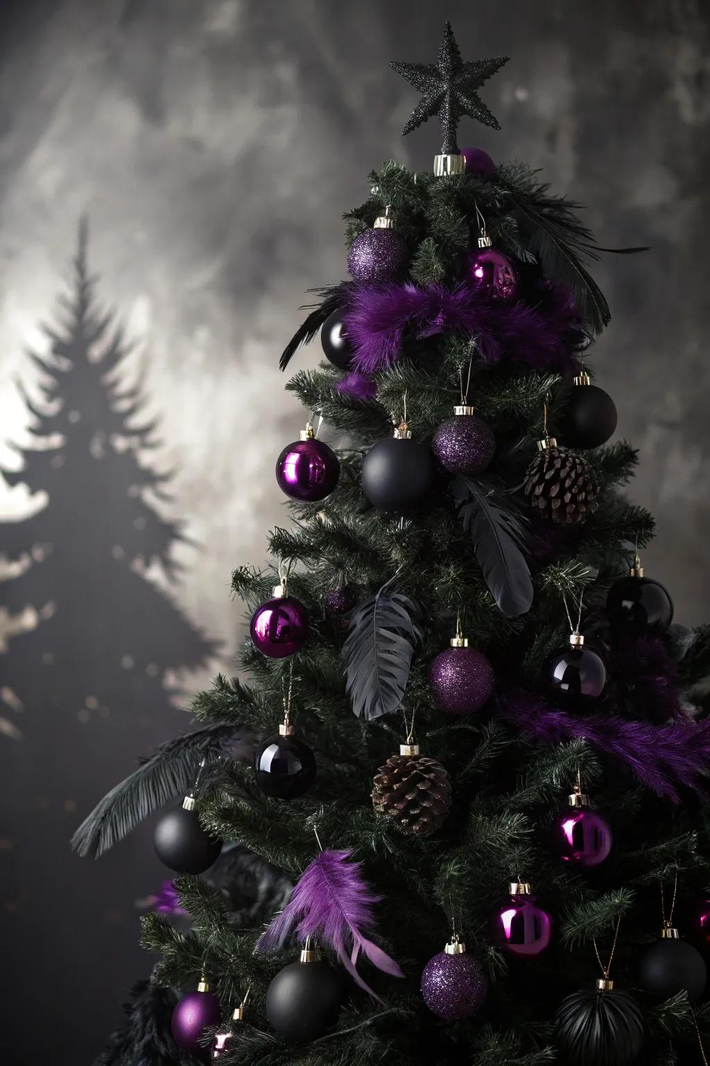 A gothic refinement Christmas bauble tree for a bold and striking holiday visage.