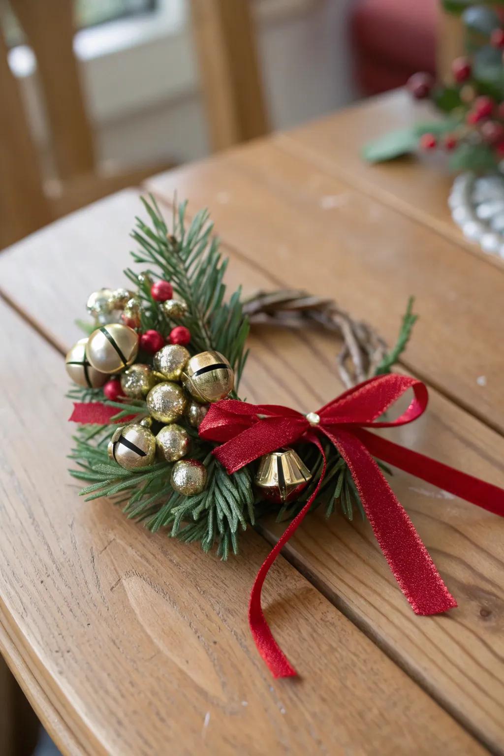 A cheerful holiday adornment adorned with miniature holiday bells.
