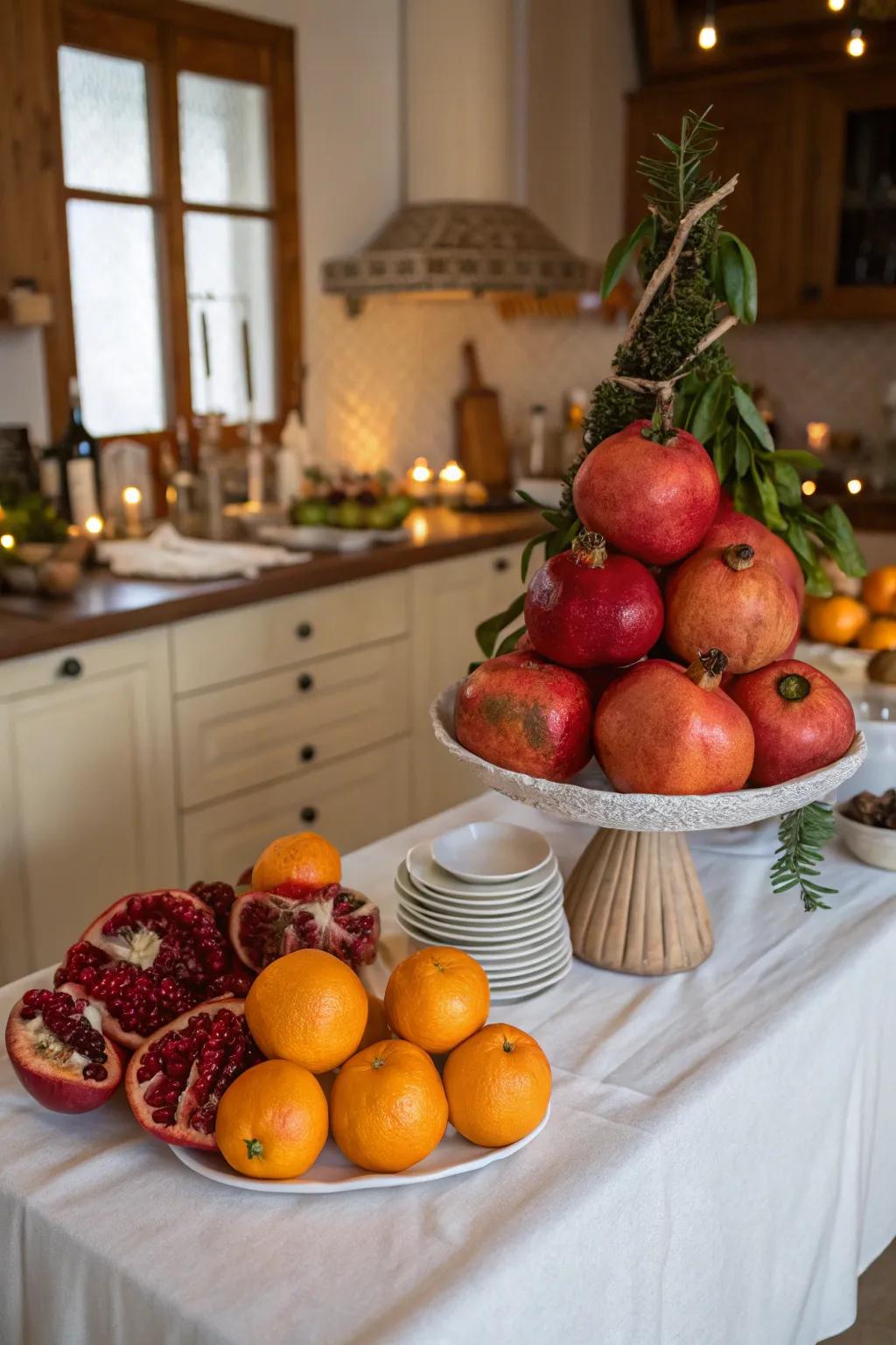 Celebratory fruit displays inject natural color and cheer into the cooking area.