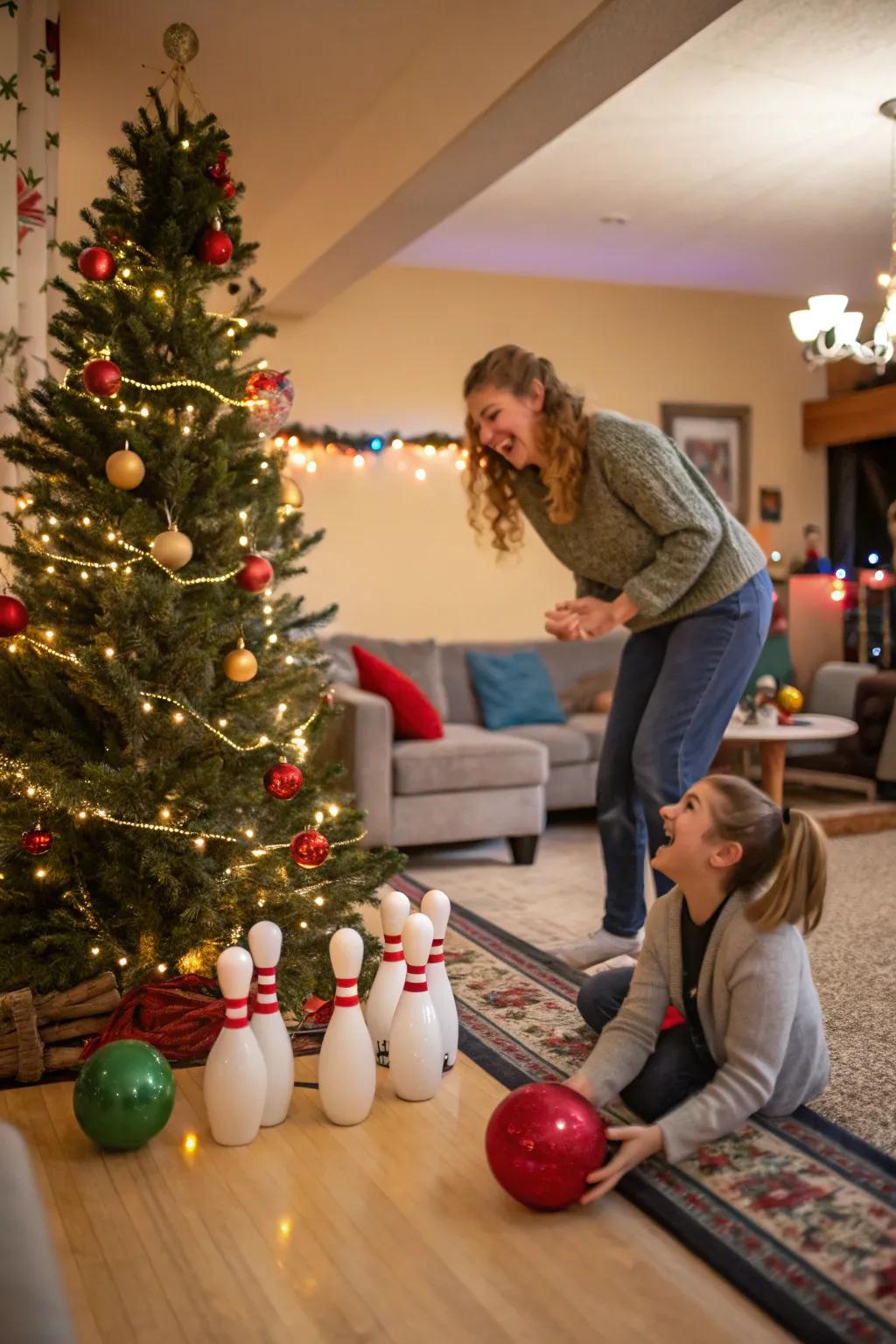 Celebratory evergreen skittles game, a celebratory variation on a quintessential pastime.