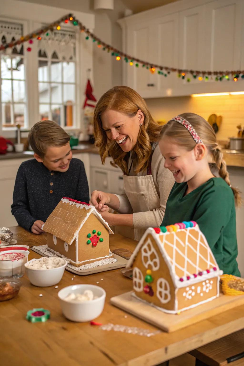 Family experiencing fun while decorating gingerbread houses.