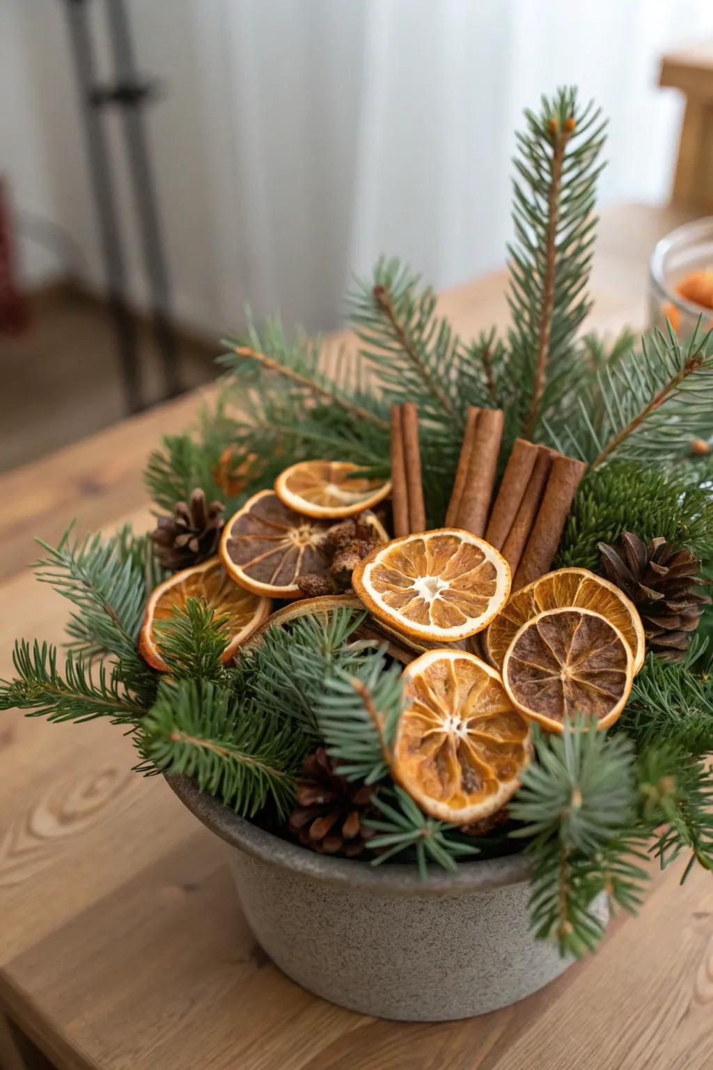 Desiccated citrus contributes scent and pigment to festive displays.