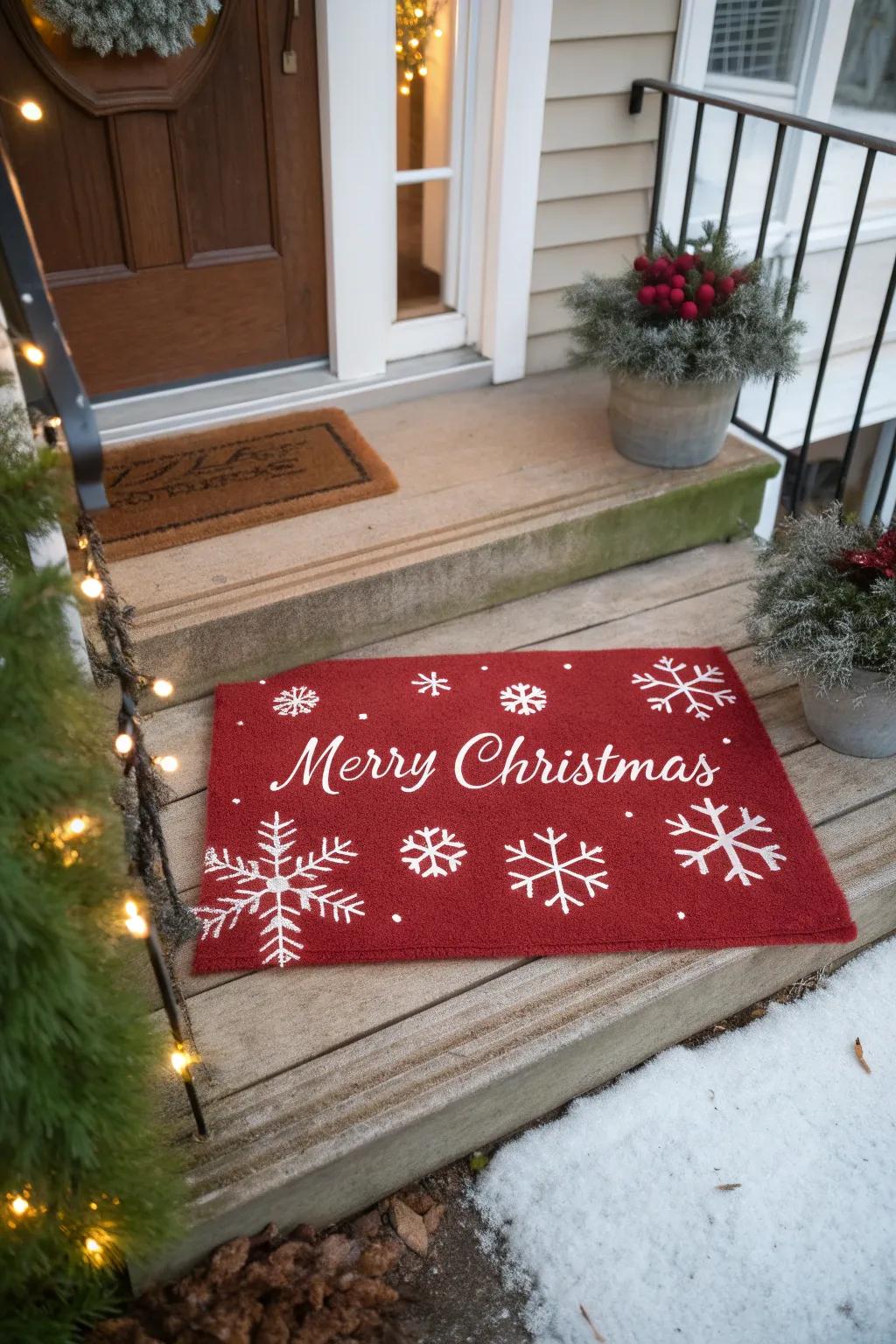 A celebratory threshold mat extends a cheerful welcome.