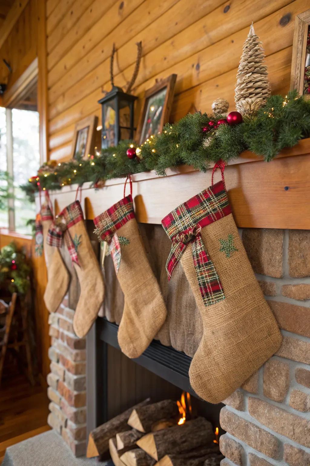 Jute stockings introduce a snug, farmhouse sensation to your festive ornamentation.