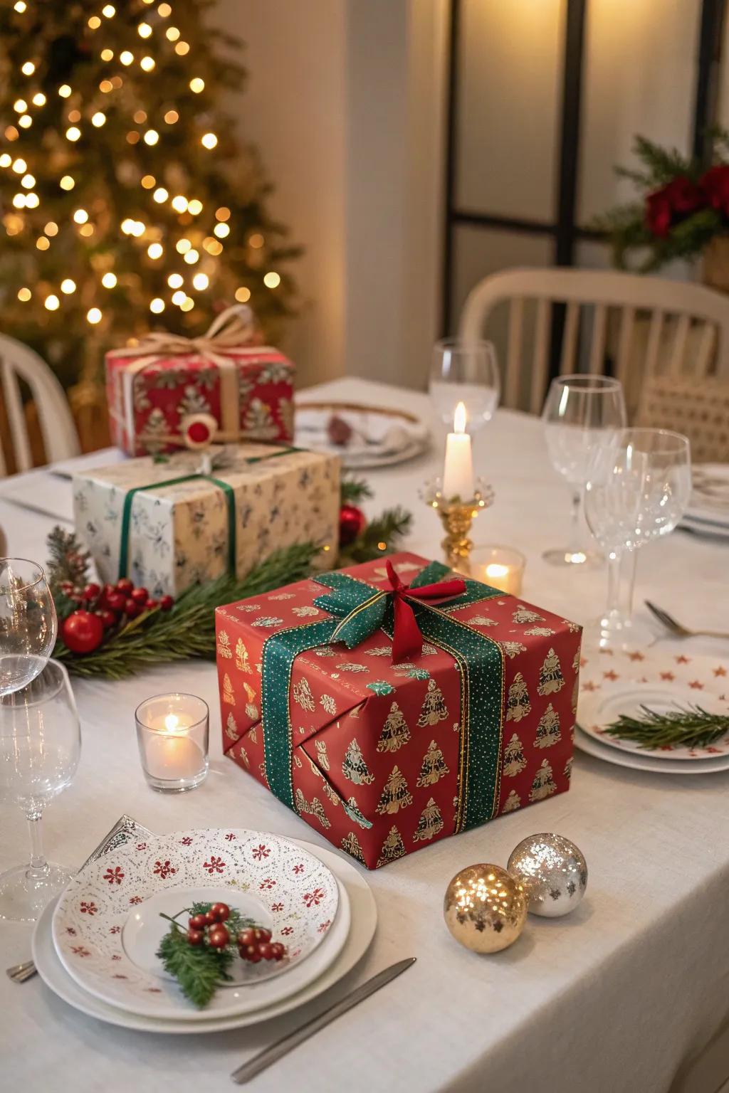 Gifts as centerpieces offer a delightful and stylish detail.