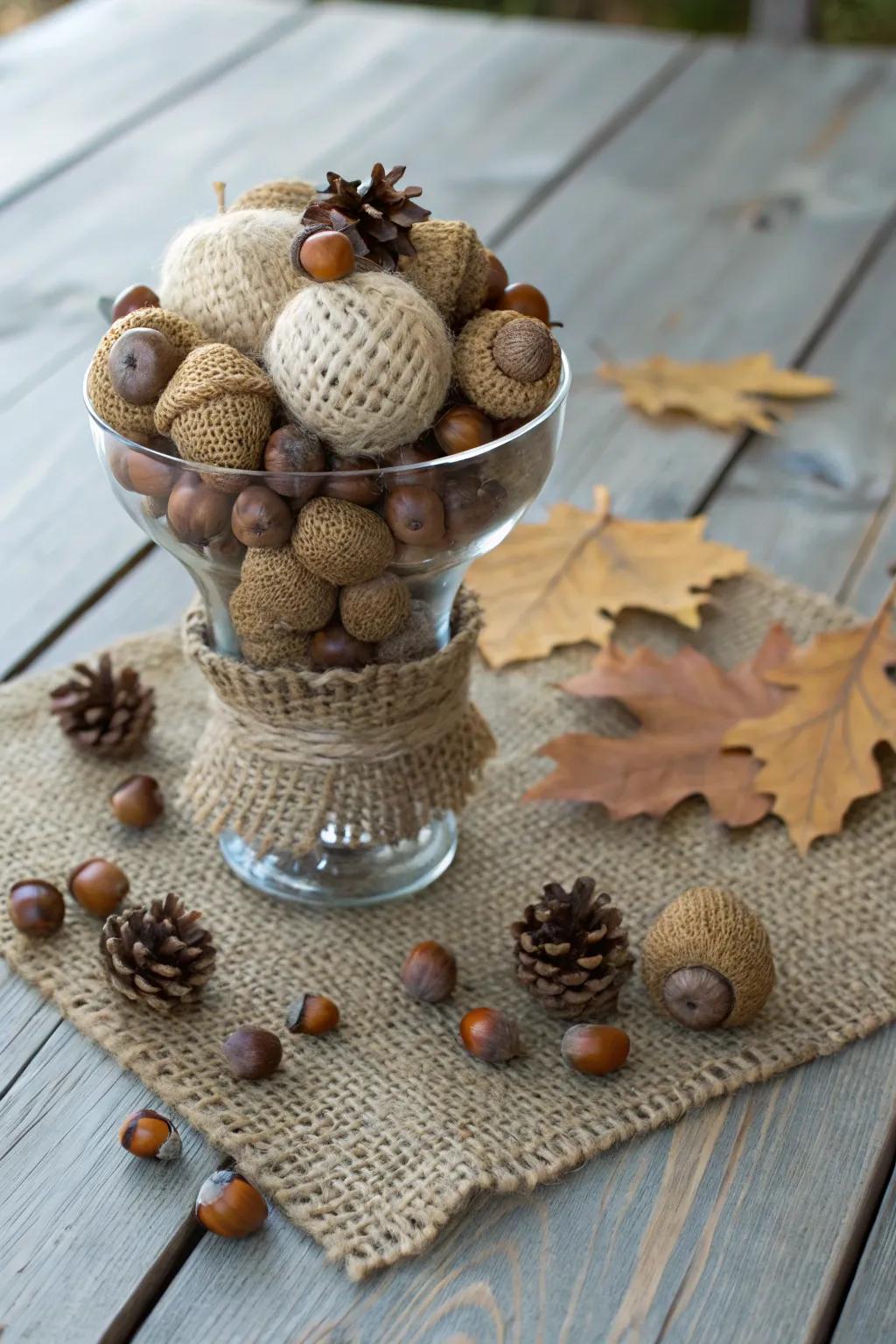 Forest allure: acorns next to burlap establish a country holiday display.