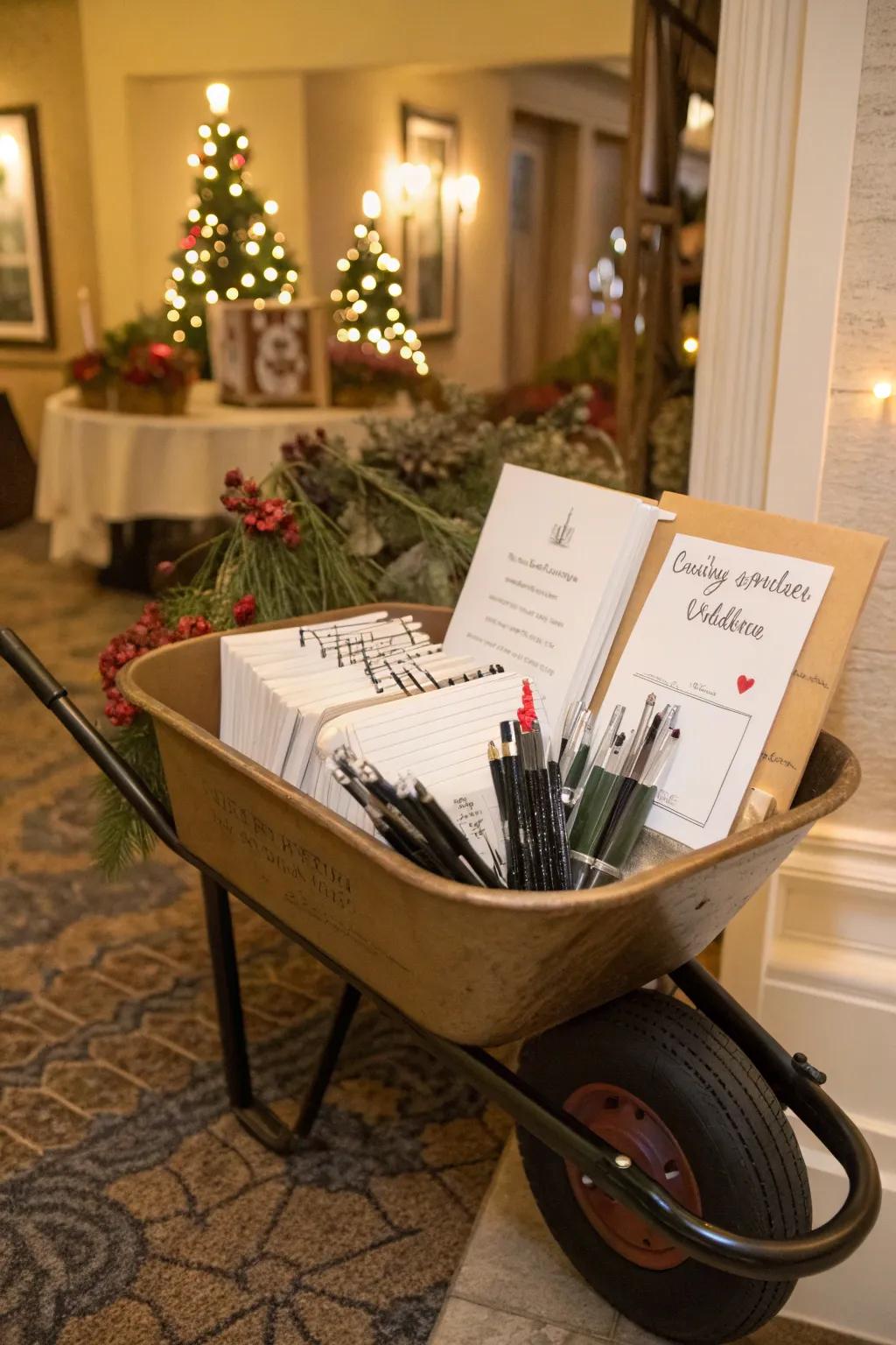 A builder's cart inviting holiday wishes from guests.