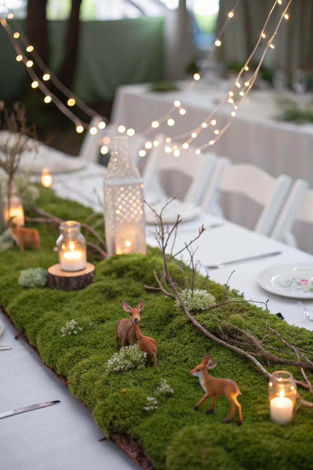 An enchanting woodland tabletop scene featuring moss and sparkle lights.