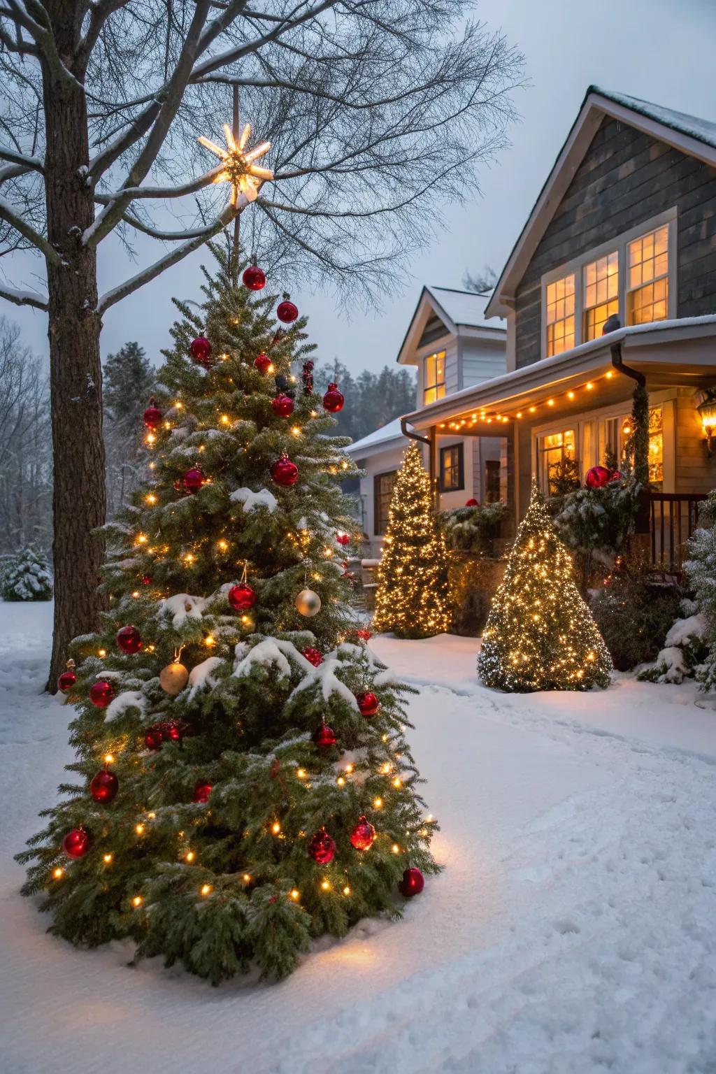 Outdoor Christmas trees decorated with ornaments.
