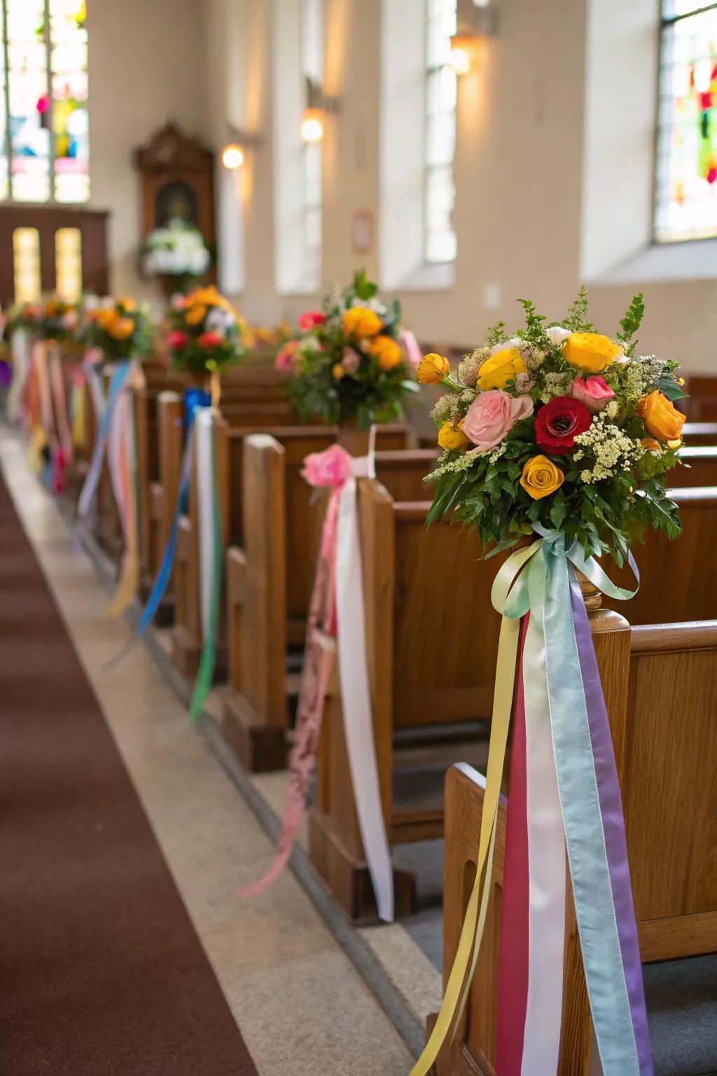 Church chairs adorned with bands and flora.