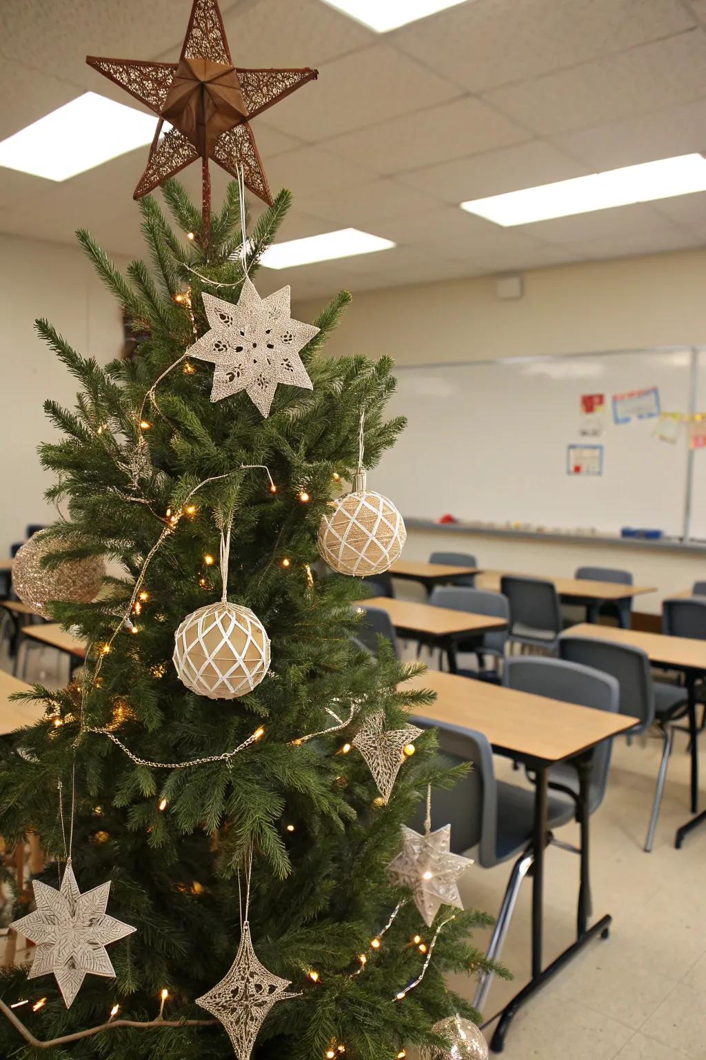 An origami ornament-adorned Christmas tree