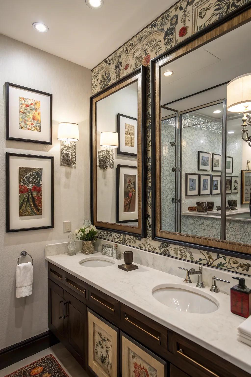 A bathroom where art and mirrors mix to improve dimension and beauty.