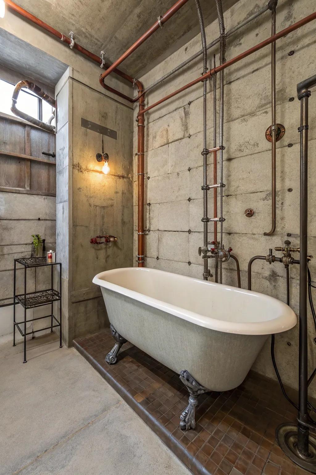 An industrial bathroom where raw materials meet classic elegance.