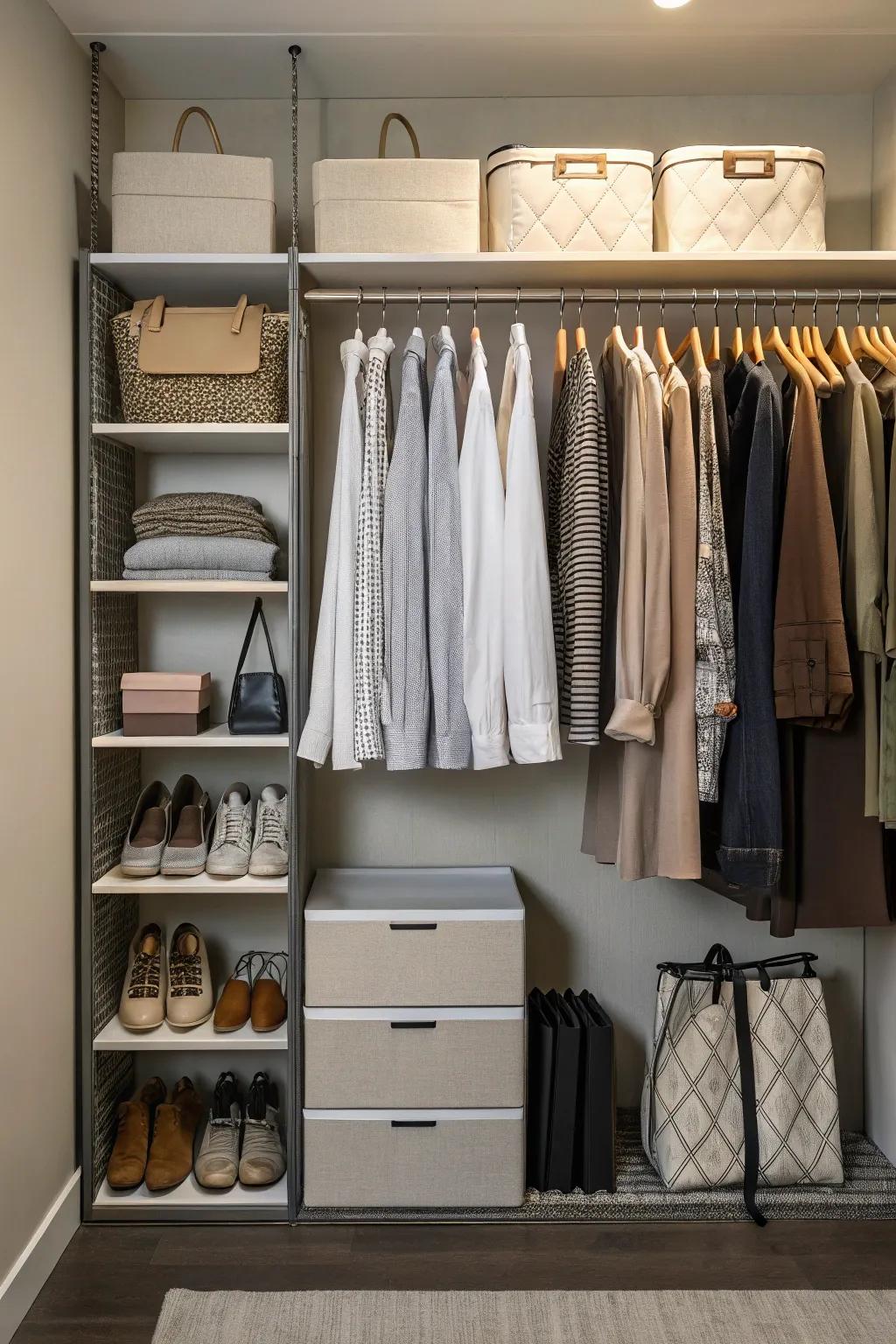 Hanging organizers enhance closet functionality and accessibility.