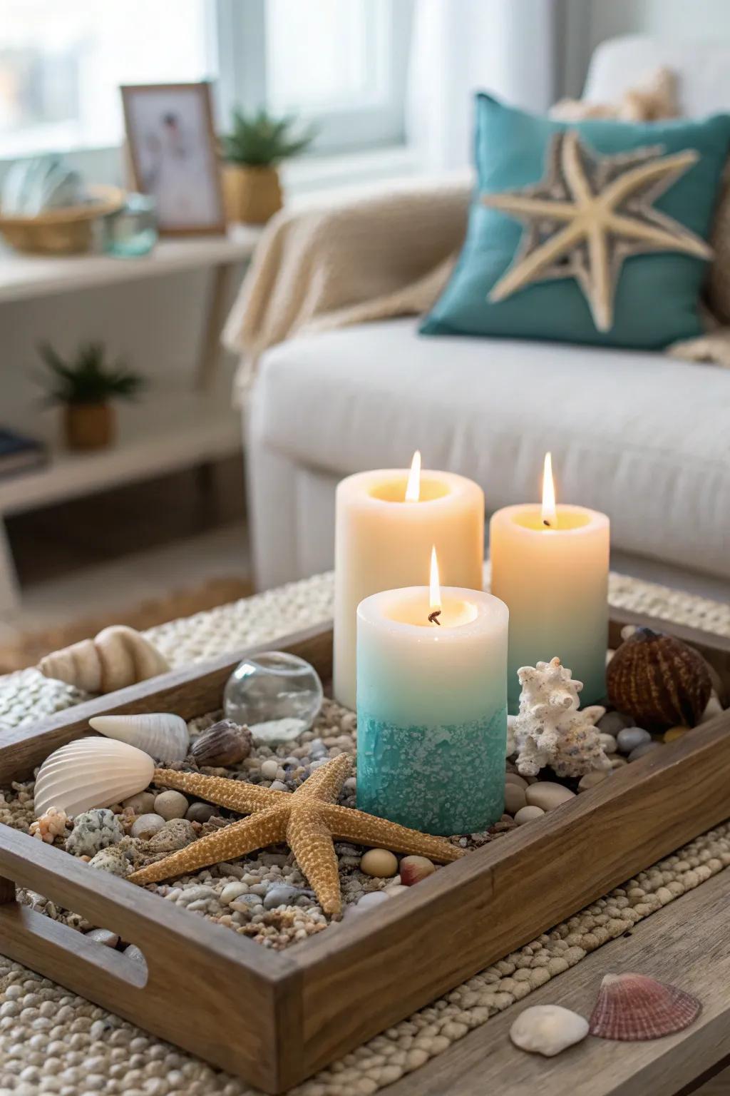 Scented candles introduce the fragrance of the ocean indoors.