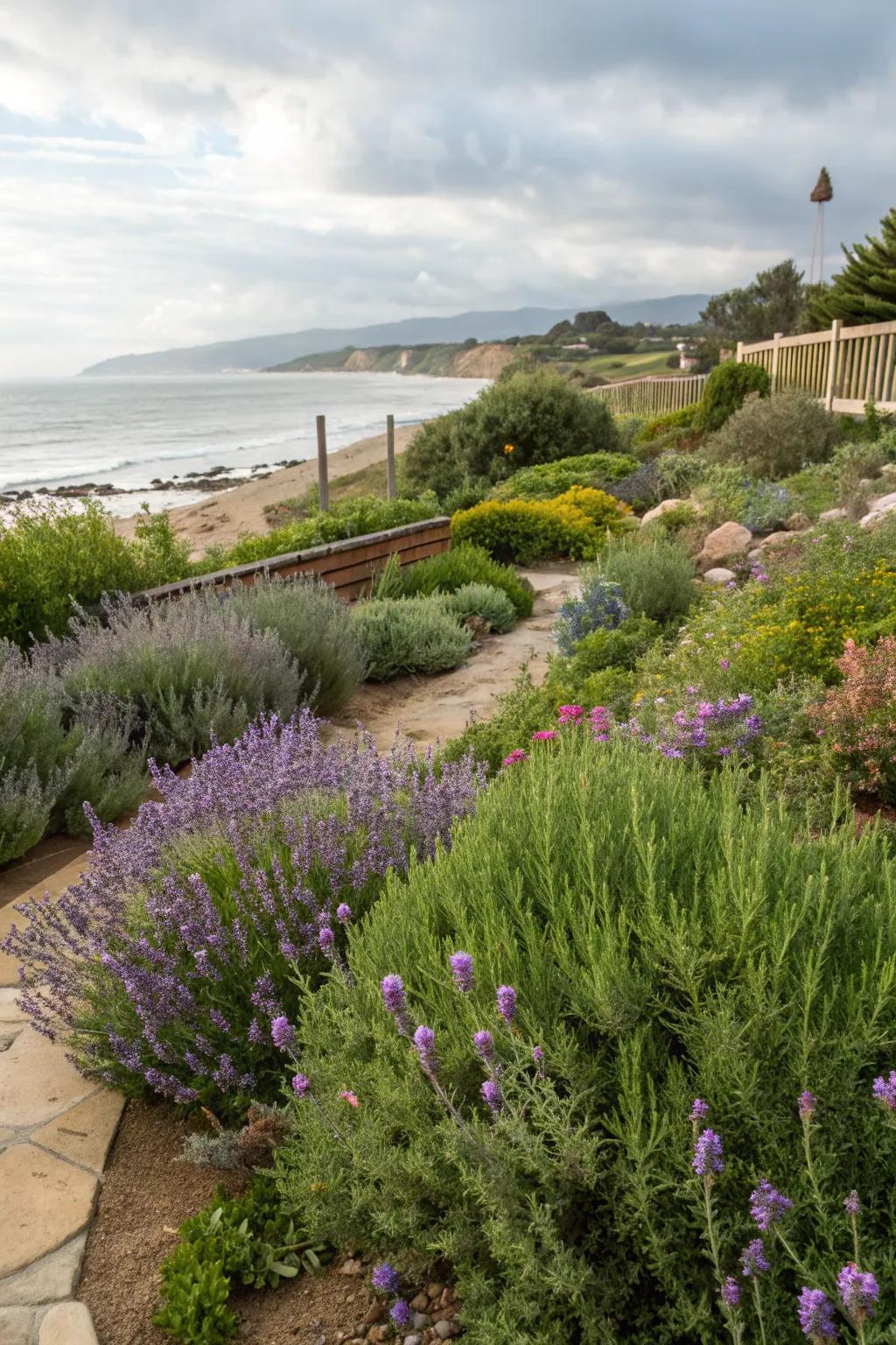 Wind-resistant plants such as lavender flourish in coastal gardens.