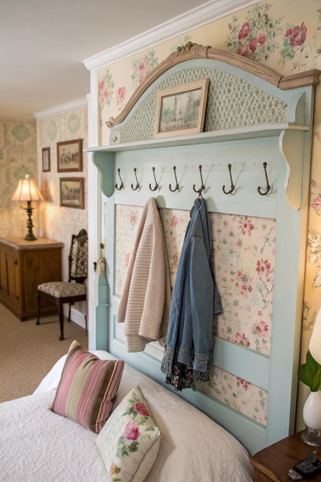 An upcycled headboard now functions as a distinctive coat rack in this vintage-inspired space.