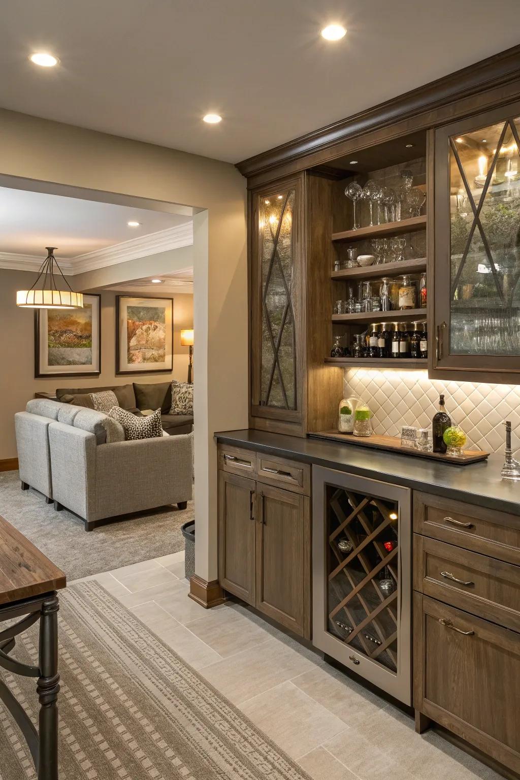 Concealed organizing keeps your bar area neat and orderly.