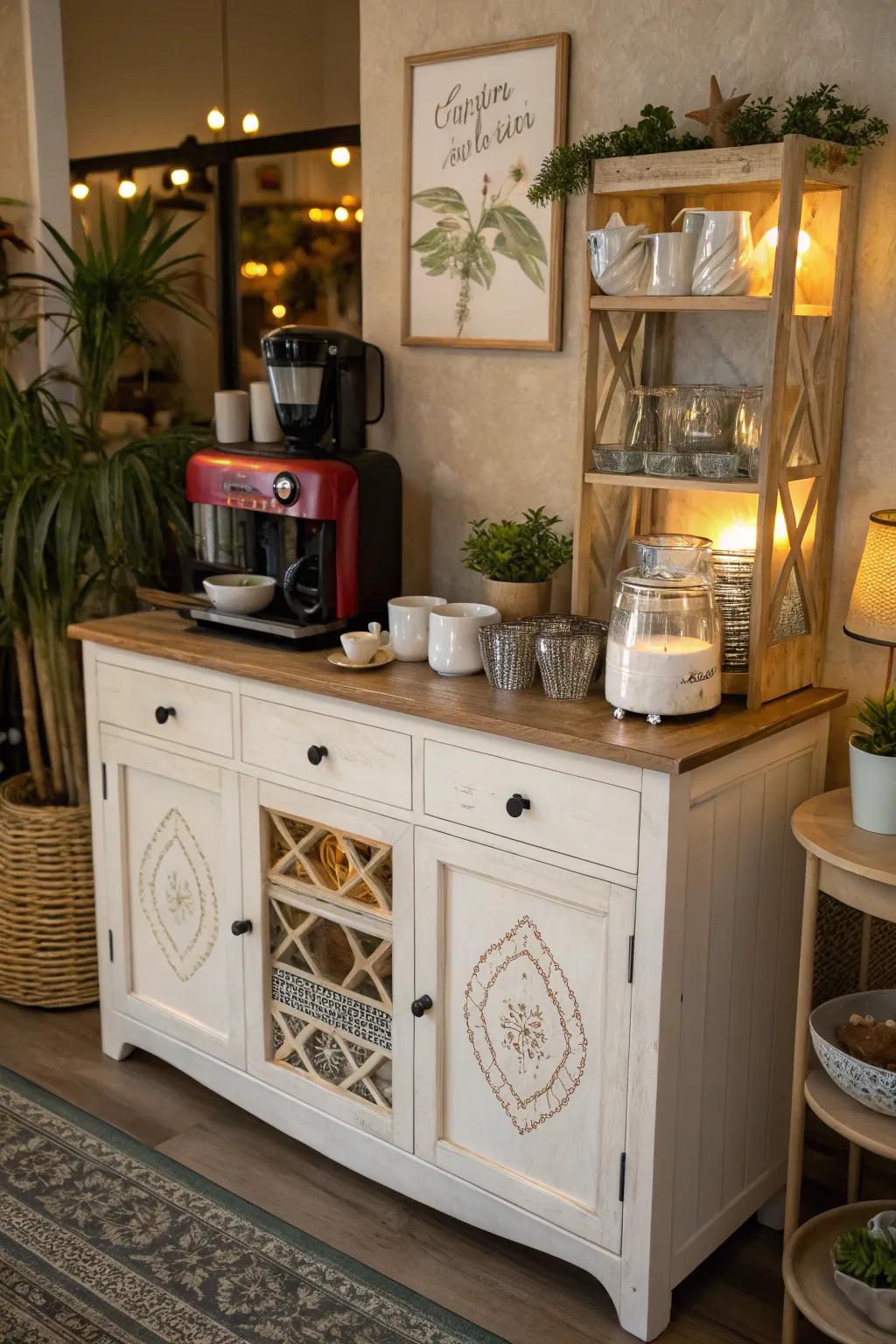 A vintage sideboard beautifully transformed into a coffee bar.