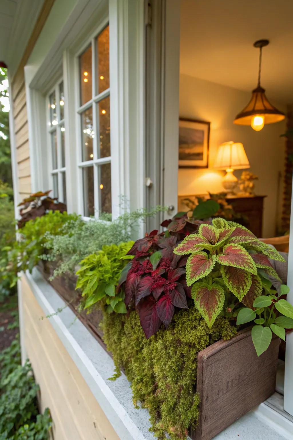 A cozy corner with painted nettle and moss offers a serene retreat.
